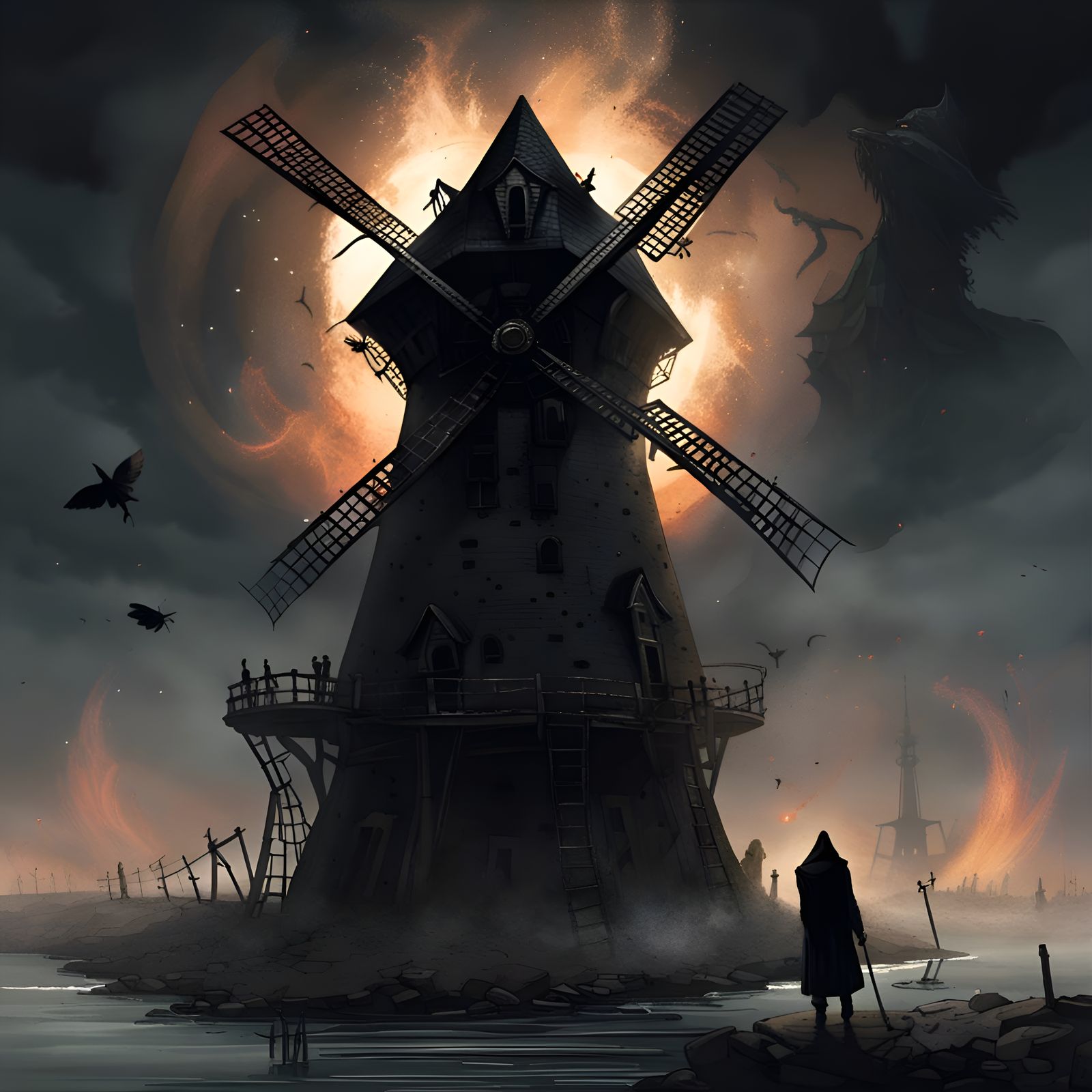 a dark and creepy windmill