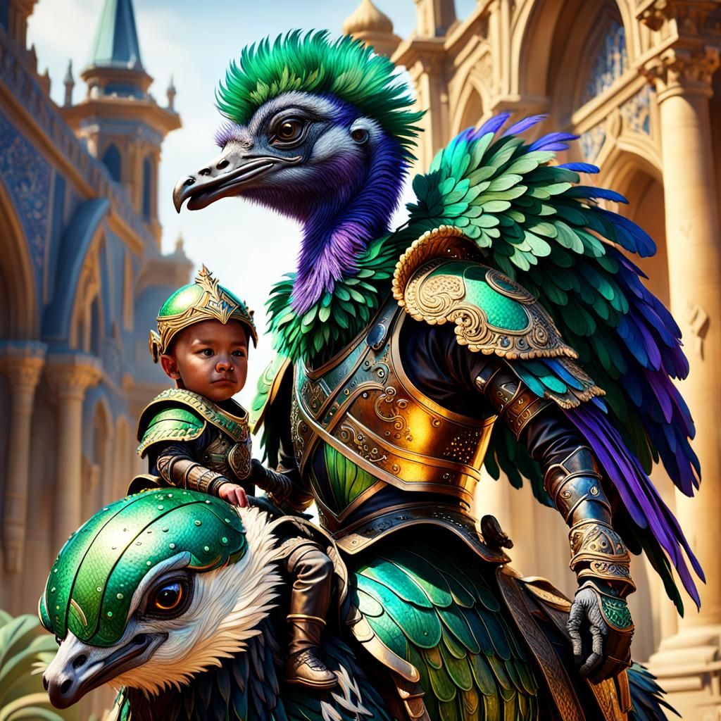 Ornate Rider on Emerald Ostrich: Digital Concept Art