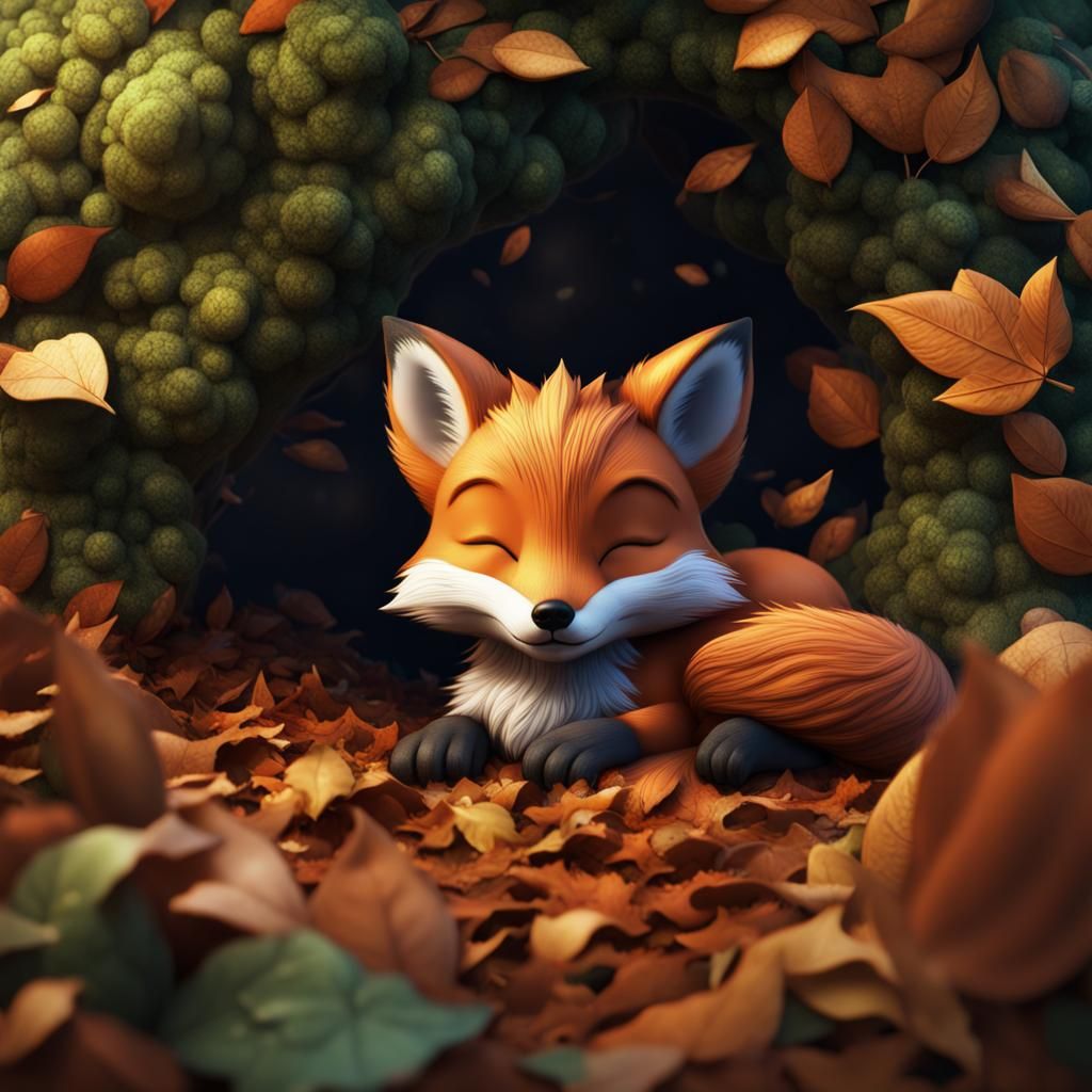Cute Fox Cub Sleeping on Leaves