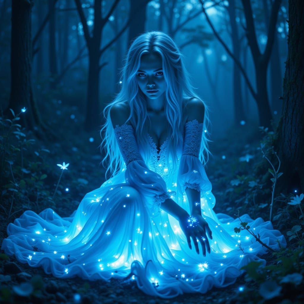Terrifying Beauty in Glowing Blue Dress at Night