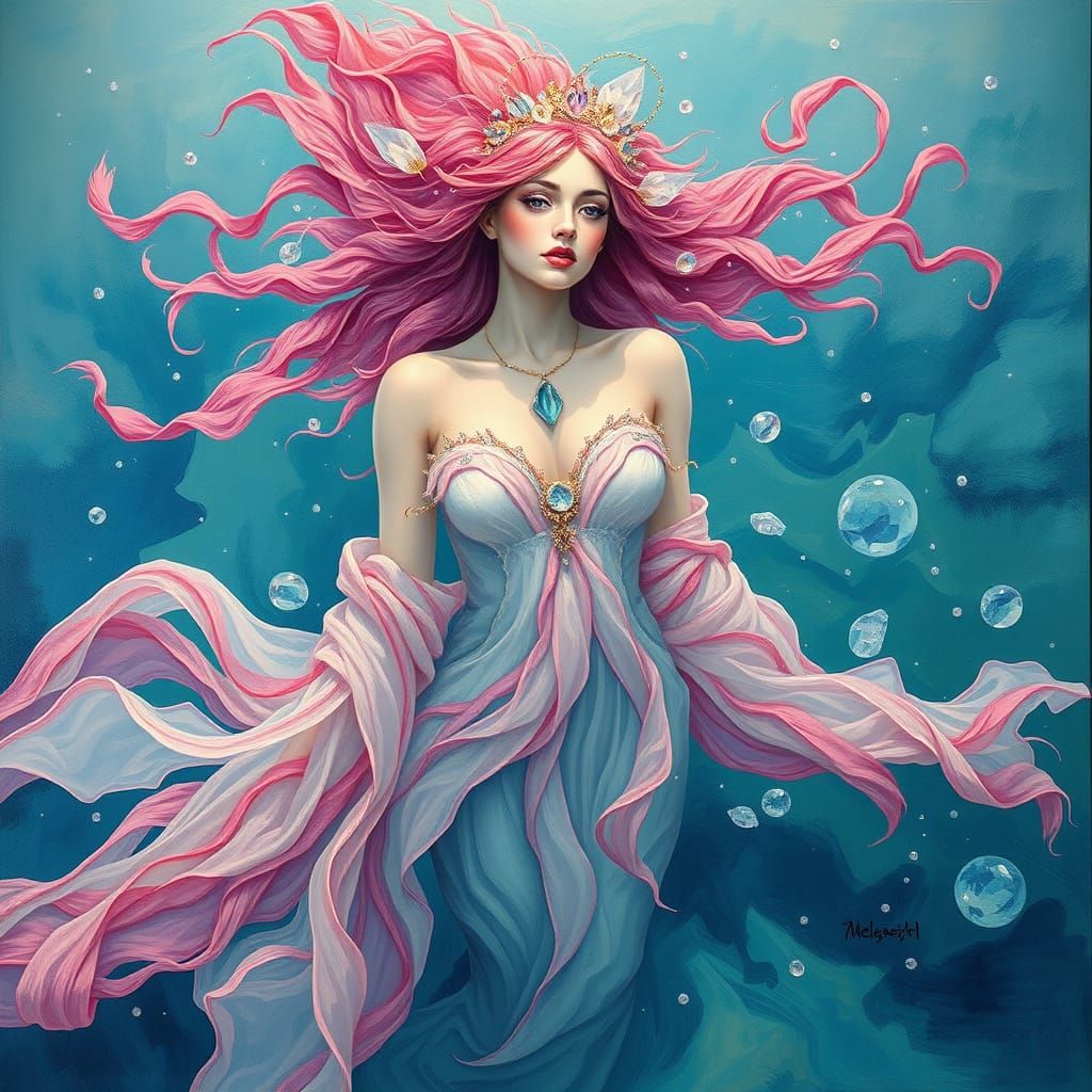 Pink-Haired Goddess in Water, Gouache Impasto Painting