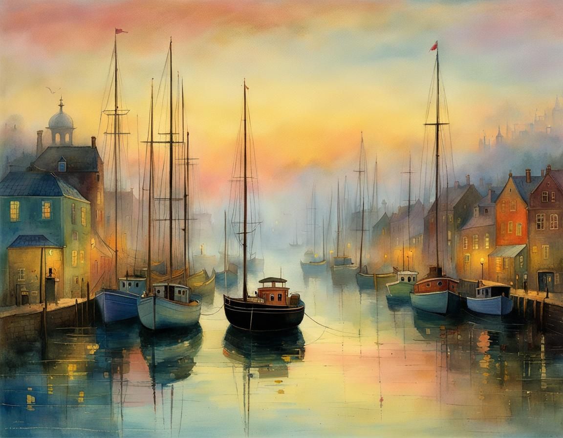 Foggy Harbor at Dawn: Whimsical Pastel Illustration