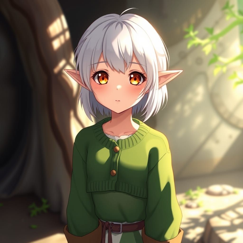 Anime Elf Girl with White Hair and Amber Eyes in Green Sweat...