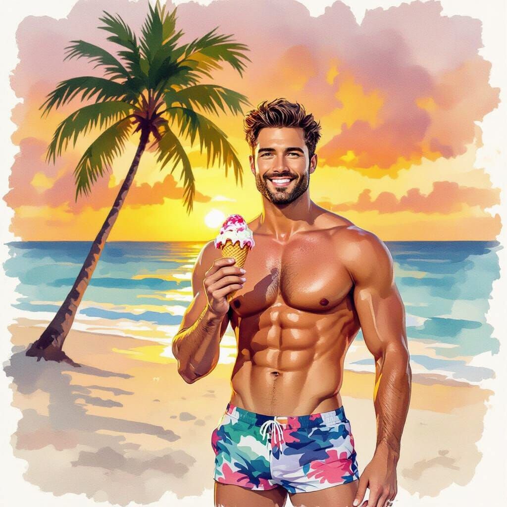 Man Enjoys Ice Cream on Pristine Beach at Sunset