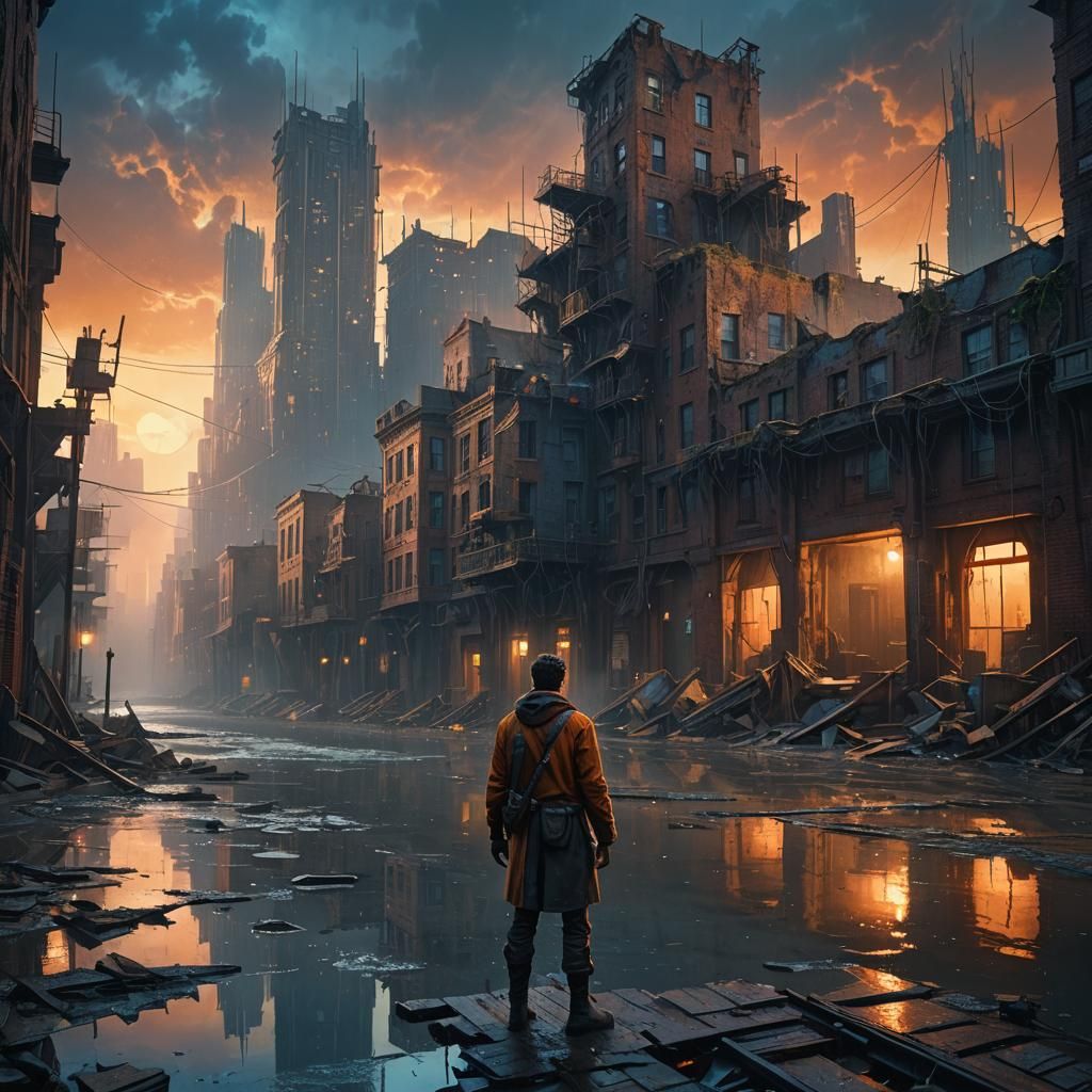 Flooded City Dawn: Matte Painting in Greg Rutkowski Style