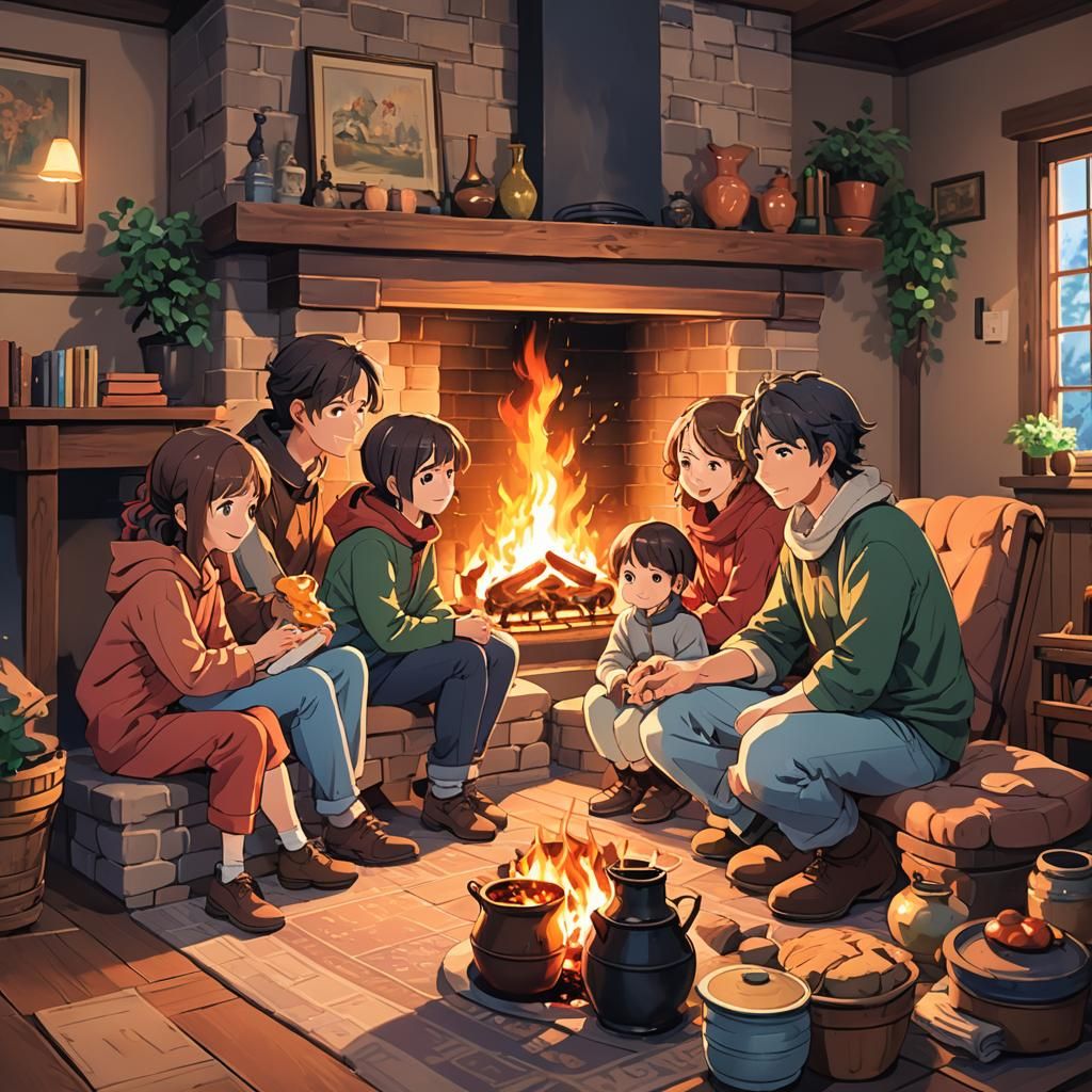 Cozy Anime Family Scene by Fireplace