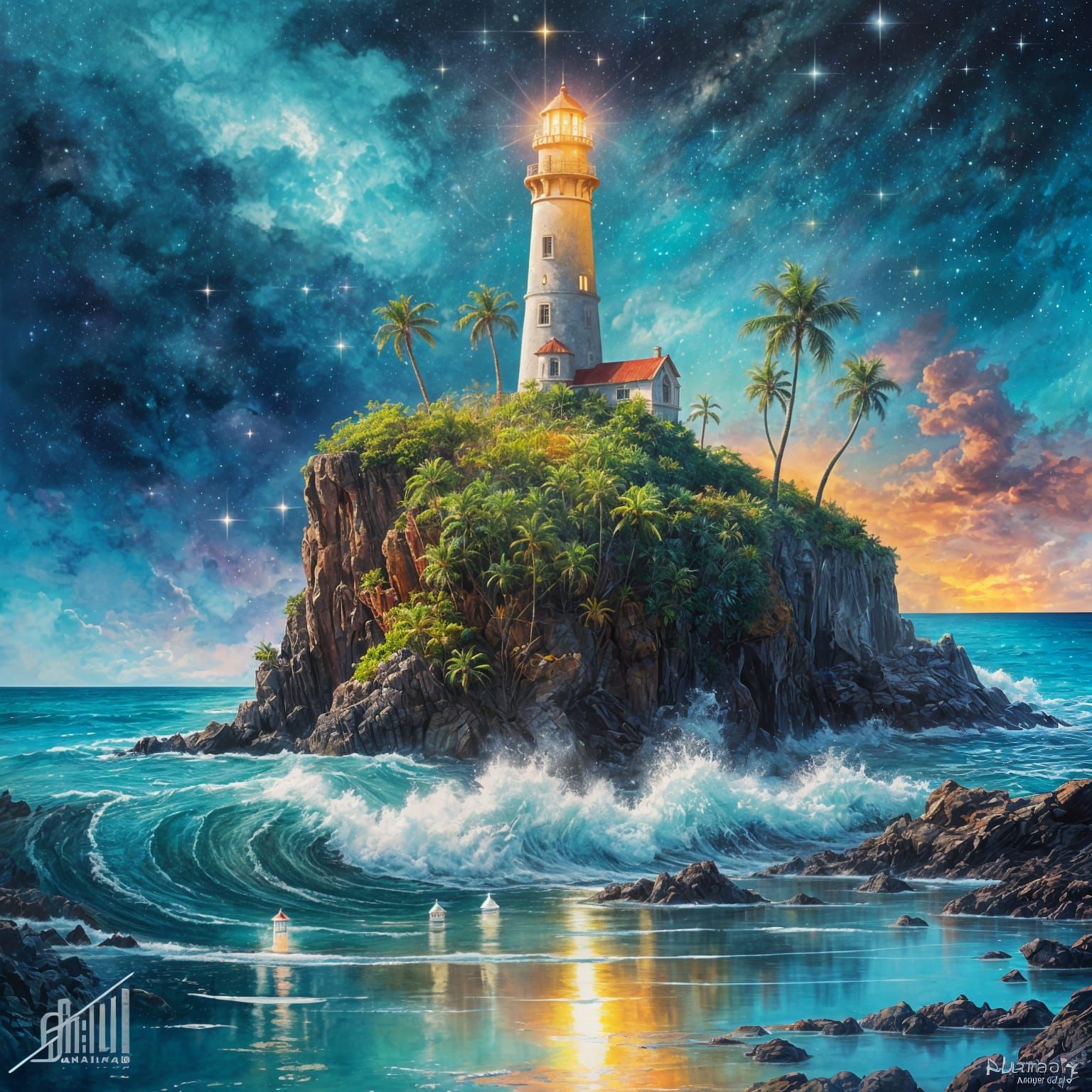 Enchanted Lighthouse with Starry Sky, Spacecore Art