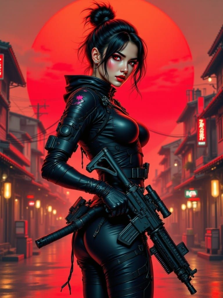 Cyberpunk Warrior Goddess in Futuristic Japanese City