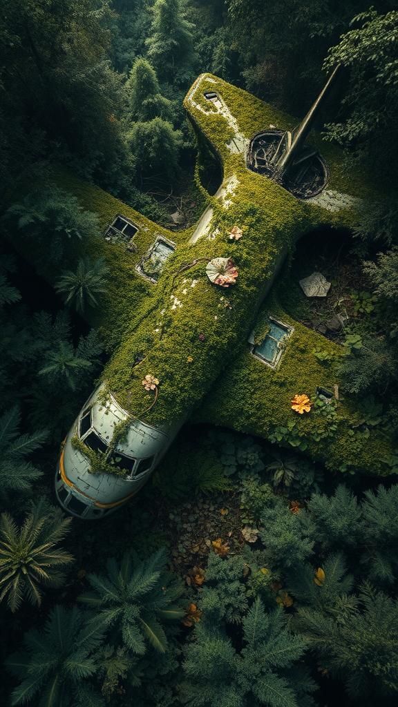 Aircraft Wreckage Reclaimed by Nature: Bird's Eye View