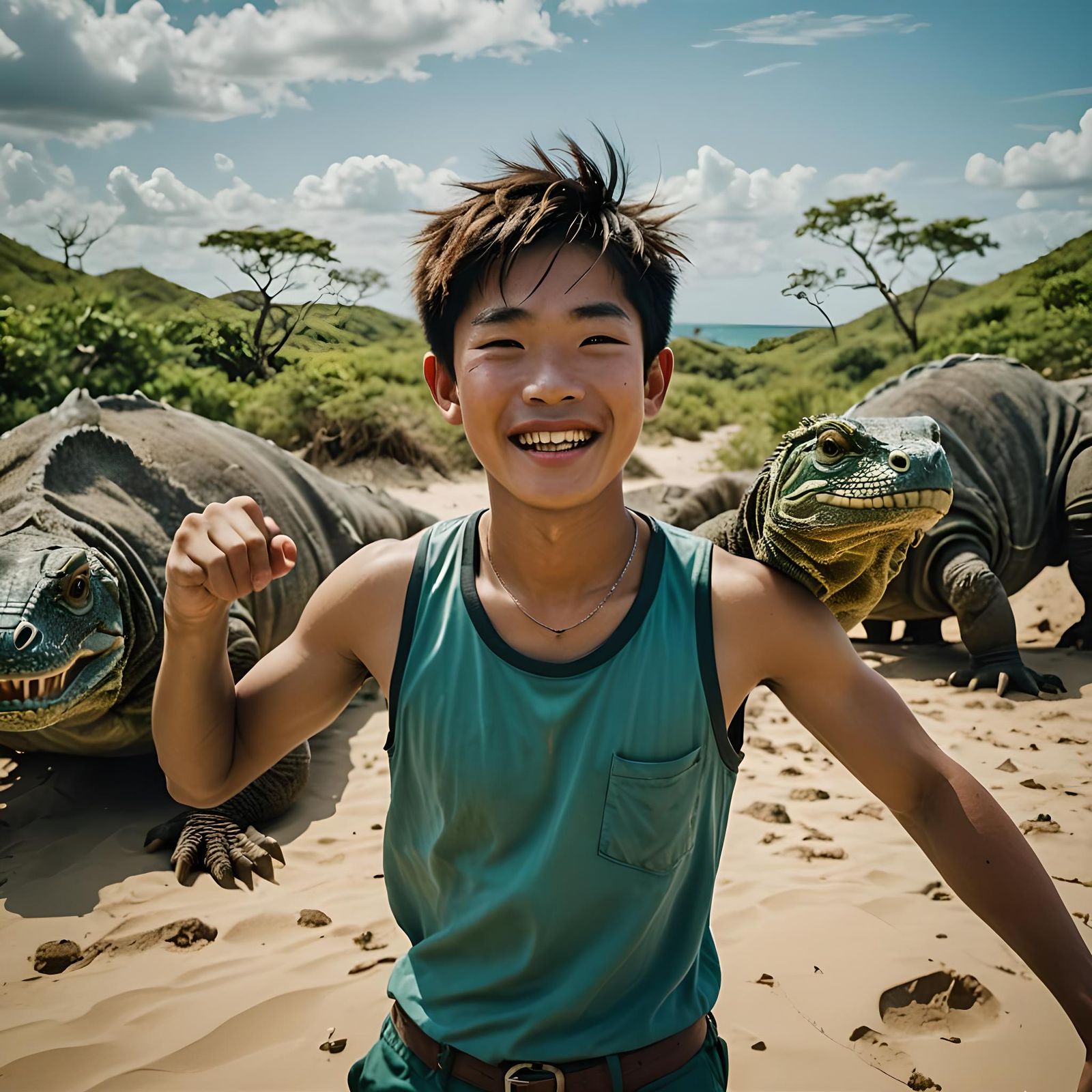 Happy Schoolboy Plays with Komodo Dragon on Beach