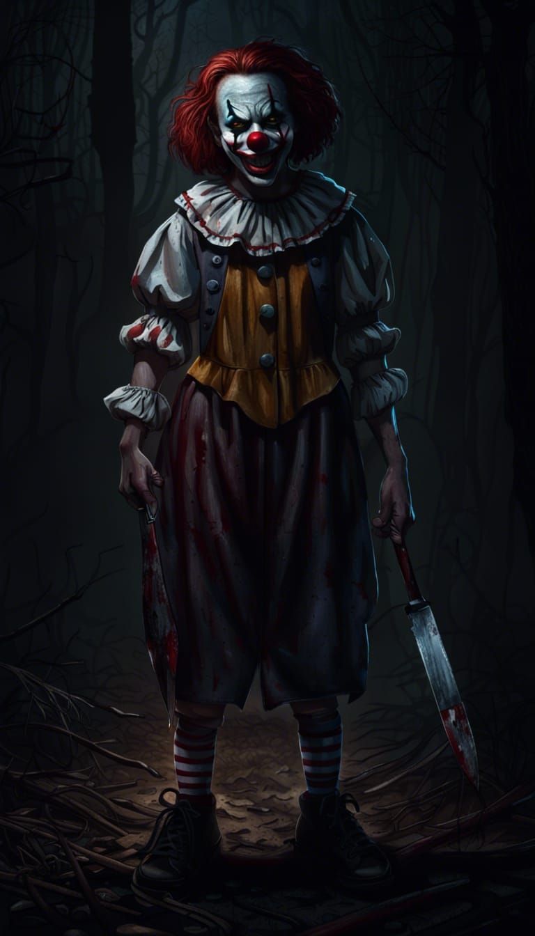 Sinister Clown Girl in Horror Woods by Greg Rutkowski