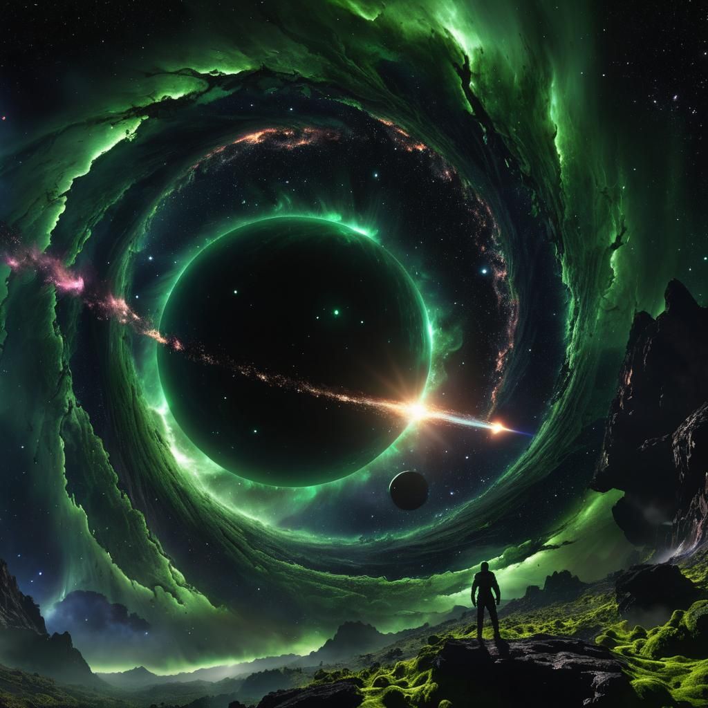 The immense, matte black circular mass of a black hole, and it's surrounding thin layer of ominous, glowing light is Epi...