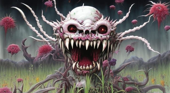 Cryptid Menagerie in Overgrown Meadow: Ink Illustration