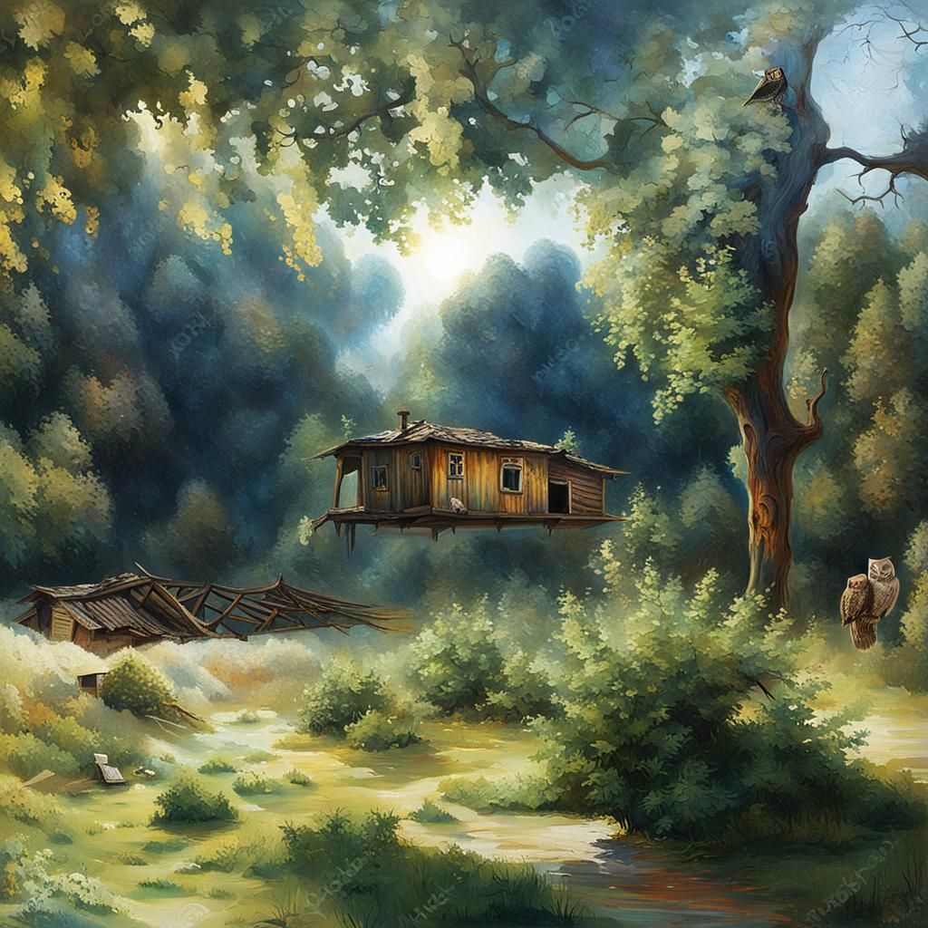 Surreal Forest House with Owl and Phoenix, as Oil Painting