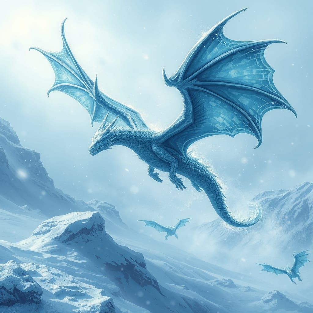 Ice Dragon Soaring Through Frozen Wasteland