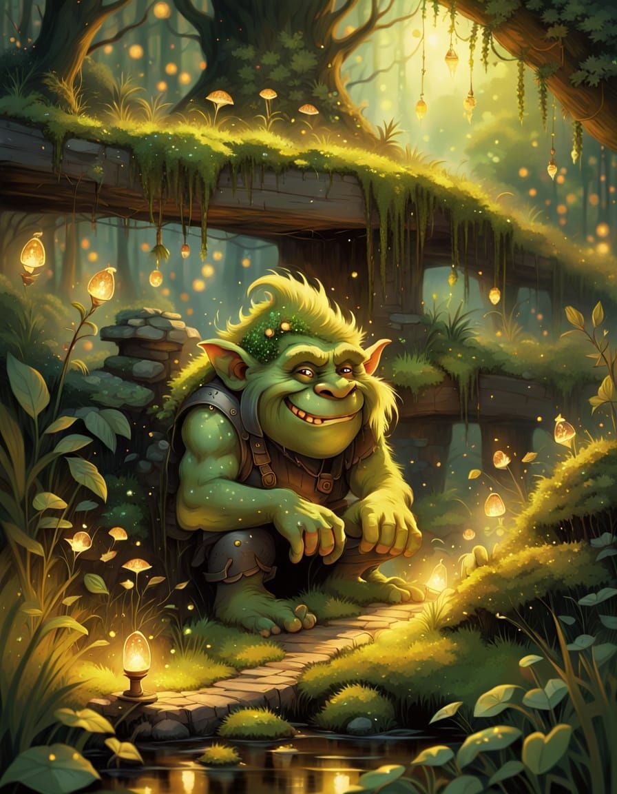 Moss Troll Hidden Under Bridge: Oil Painting