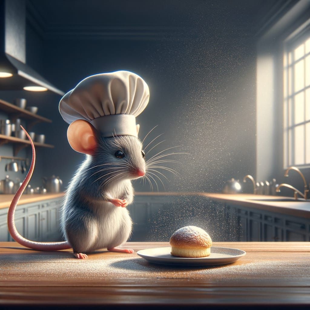 An anthropomorphic mouse in a tiny chef's hat proudly presents a single, perfectly baked crumb on a miniature plate. The...
