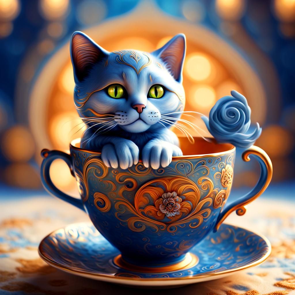 Whimsical Cat in Teacup: Fantasy Concept Art