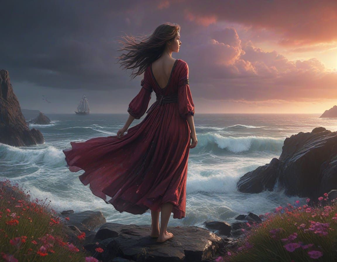 Ethereal Woman Defies the Stormy Ocean in a Vibrant, Fantast...