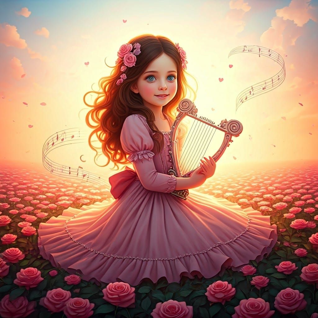 Whimsical Young Girl in Pink Dress Plays Heart-Shaped Harp A...