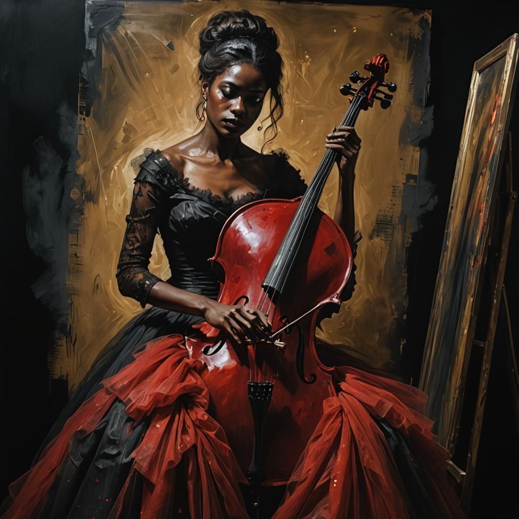 Woman Contrabass Player in Red Dress, Grunge Style