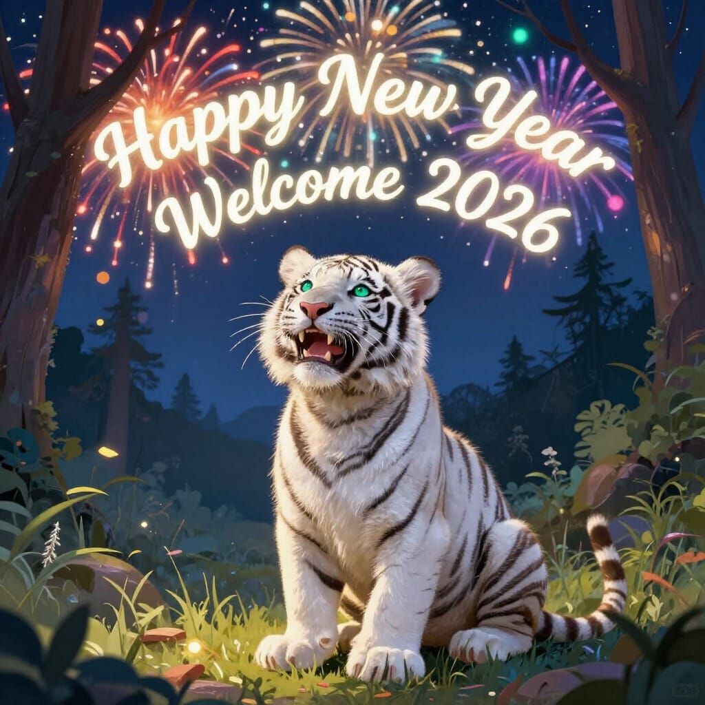 White Tiger Cub Laughs Under Fireworks: Happy New Year 2026