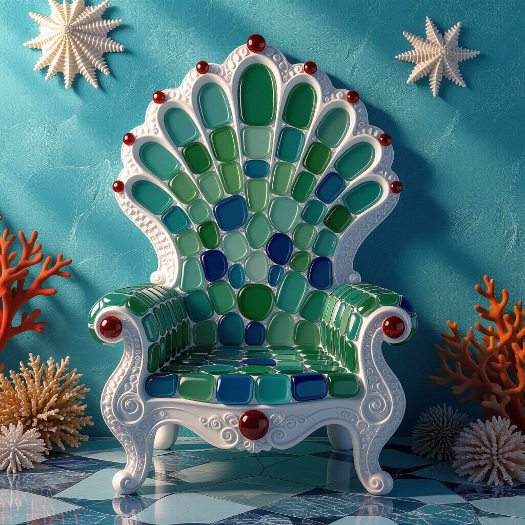 Ornate Sea Glass Throne on Coral Wall