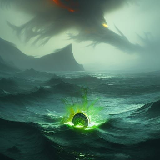 Flaming Disk on Green Ice Sea: Dark Fantasy Art