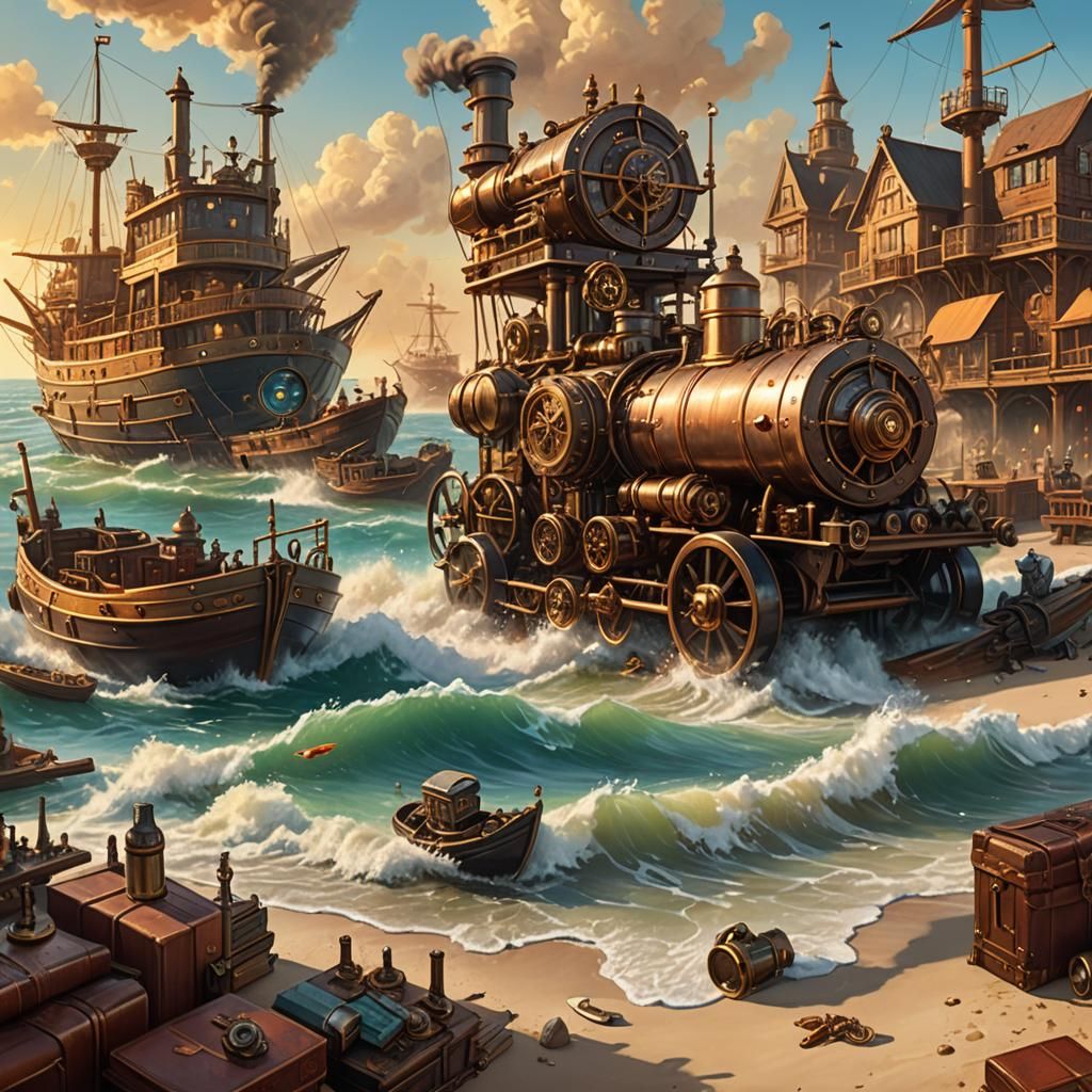 Steampunk Beach Scene with Engine and Fish