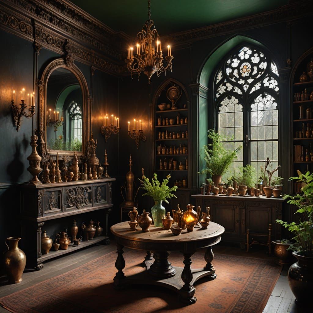 Magical Gothic Room with Glowing Vases and Flying Wand