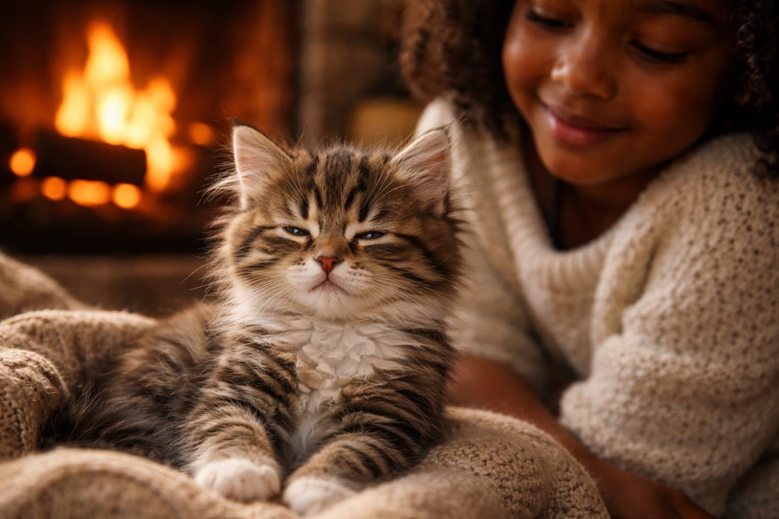 Cute Kitten Fights Sleep by Fireplace with Girl