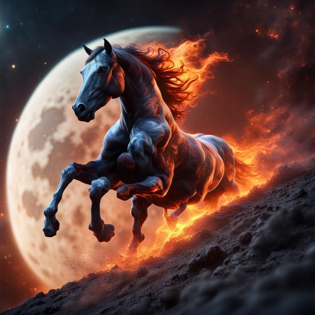 Fiery Horse Galloping on the Moon with Galaxy