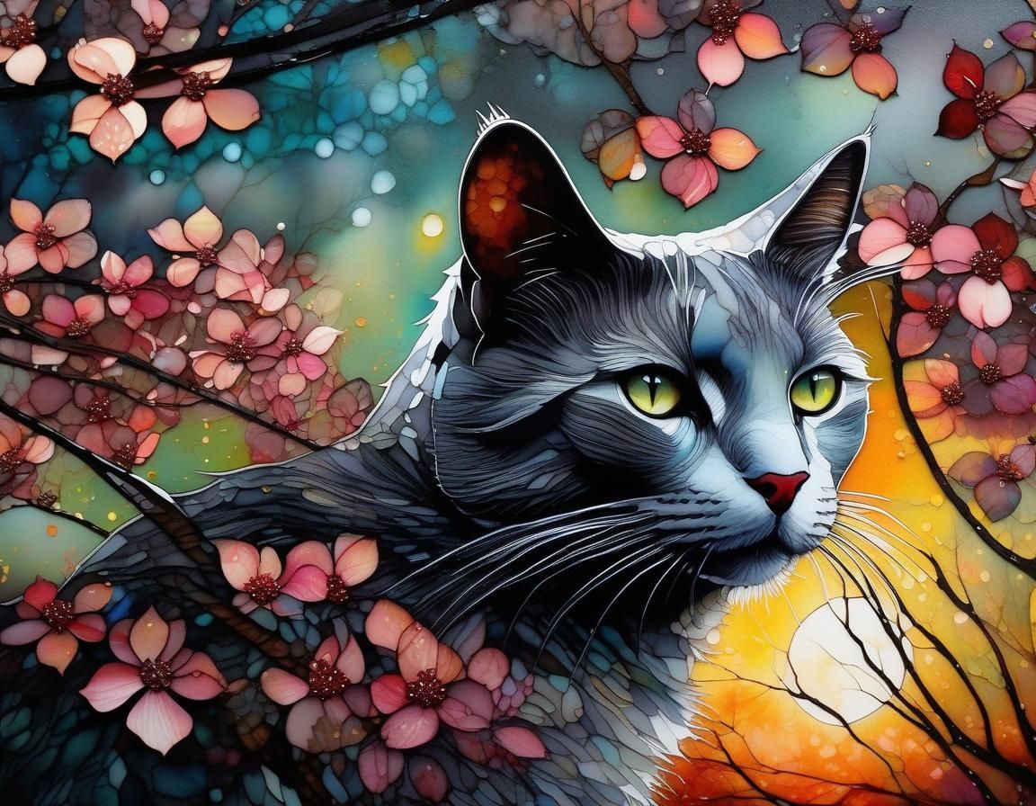Cat in Dogwood Tree: Alcohol Ink Digital Art