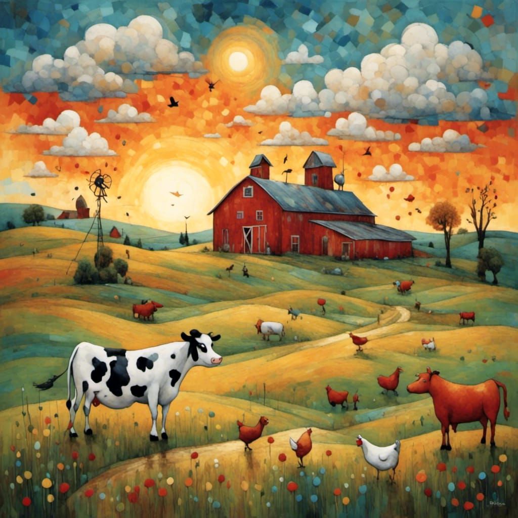 Picturesque Farm Sunset in Surreal Art Style