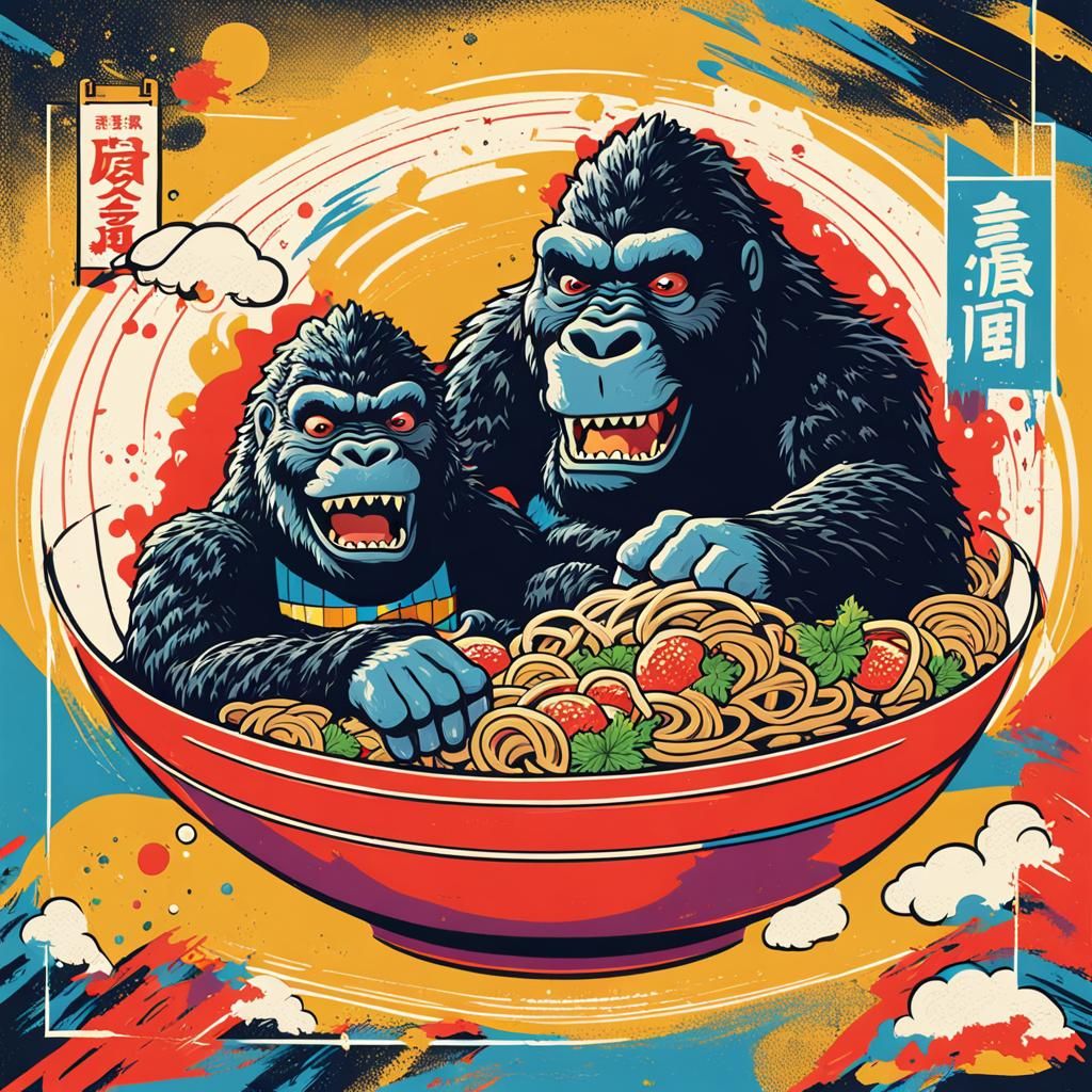 Godzilla and King Kong Relaxing in Ramen Bowl
