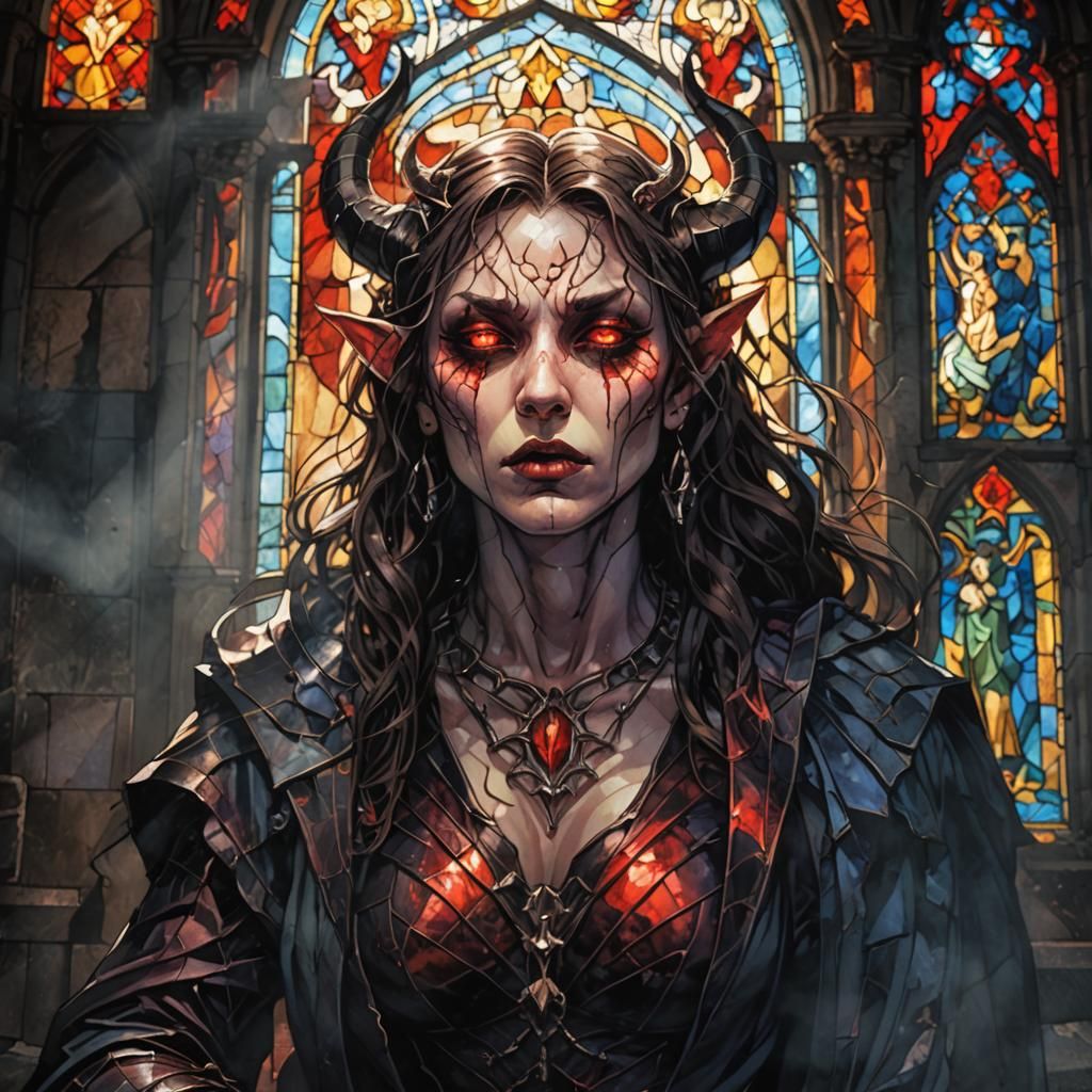 Female Demon Prayers in Ruined Church: Dark Fantasy Art