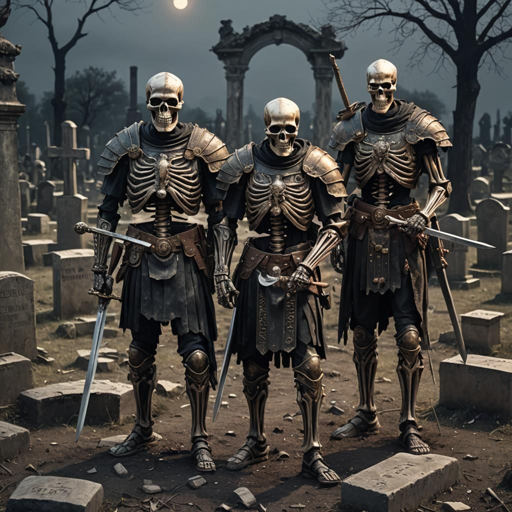 Skeletons in Roman Armor at Twilight Cemetery
