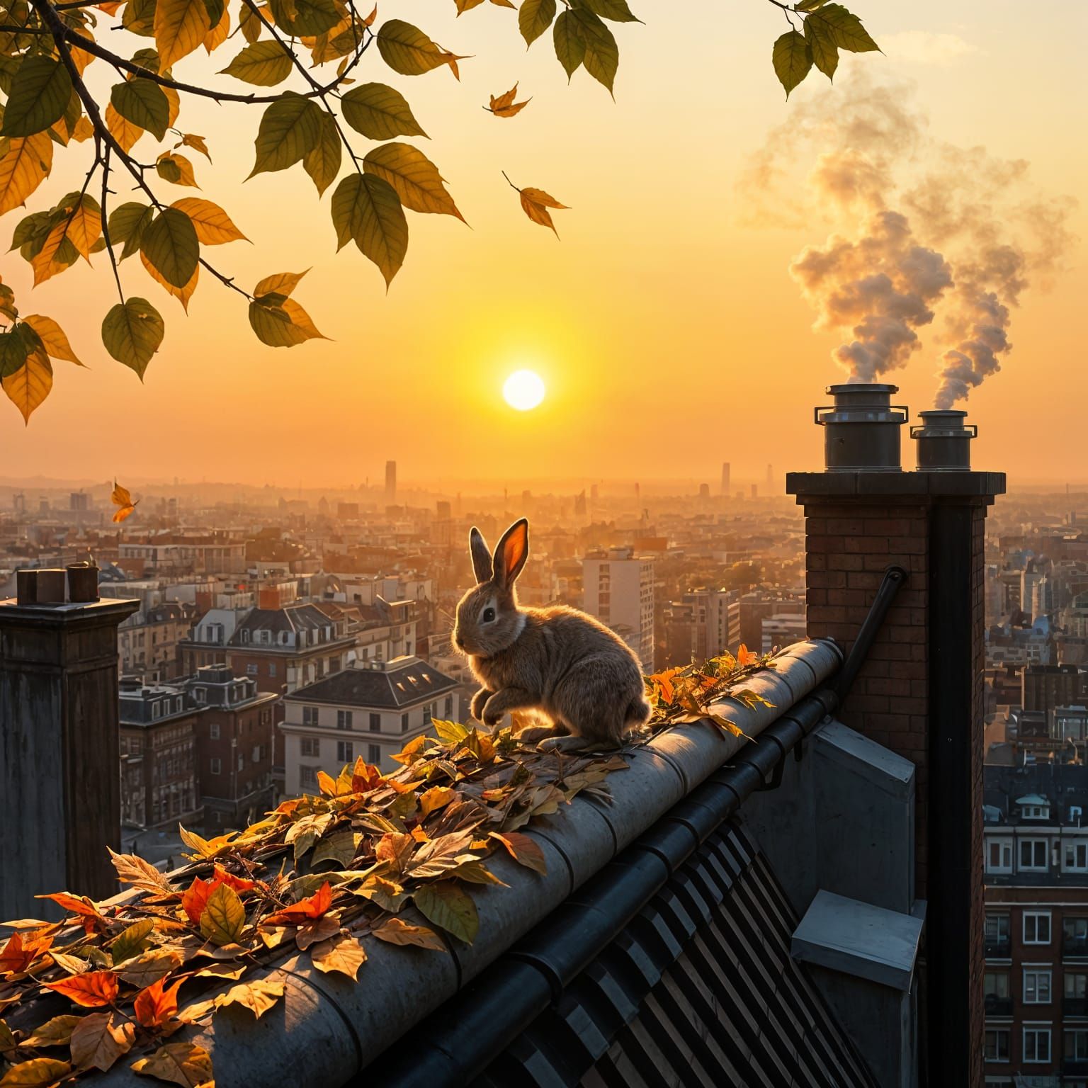 Bunny in Leaves on Rooftop at Golden Sunset Cityscape