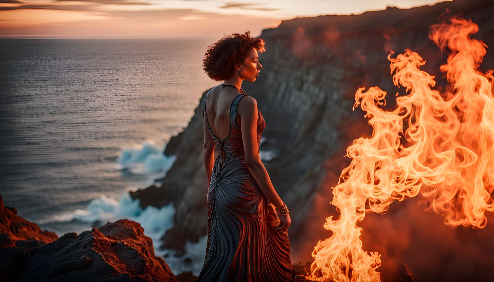 Woman Overlooking Ocean of Flames in Art Nouveau