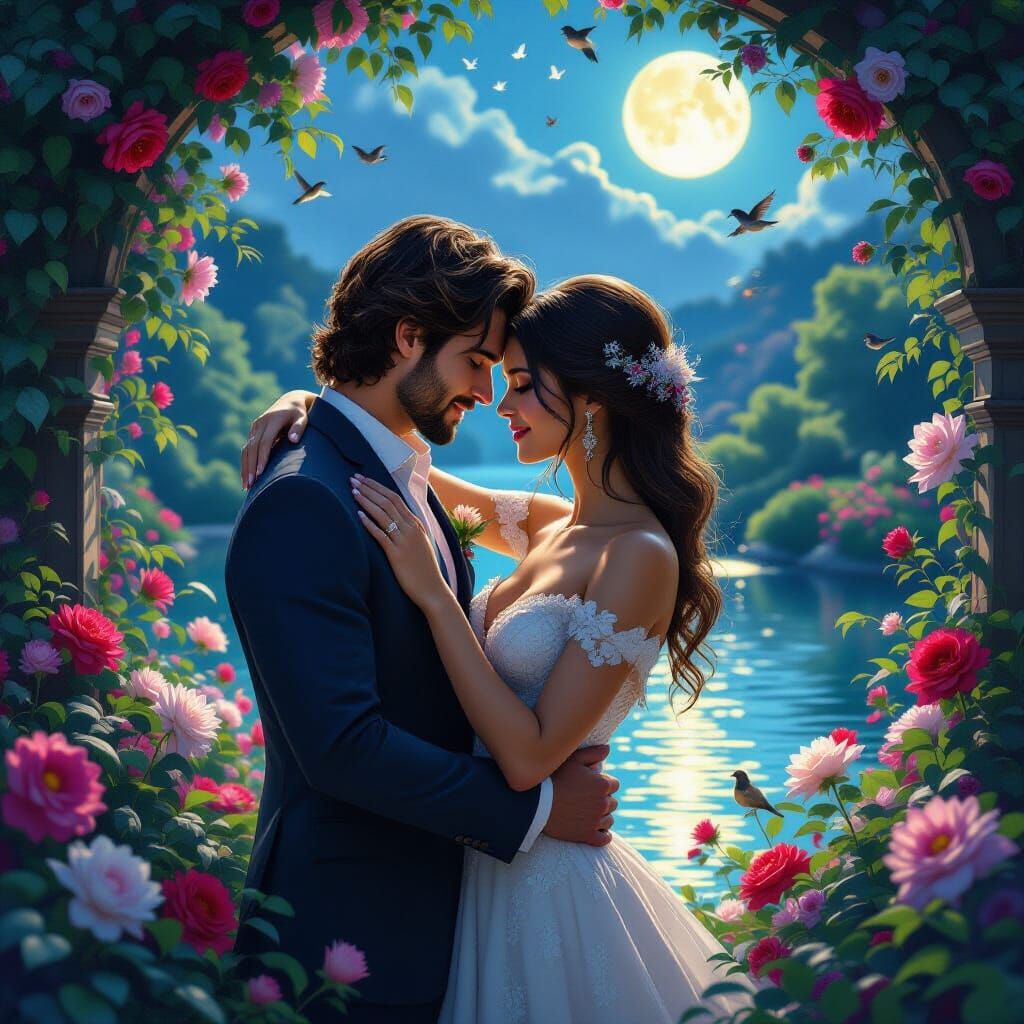 Romantic Couple in Moonlit Garden, Digital Art