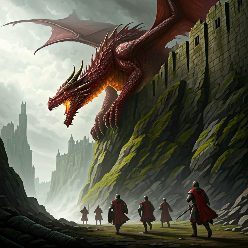Crimson Dragon Attacks Scottish Castle in Frazetta Style