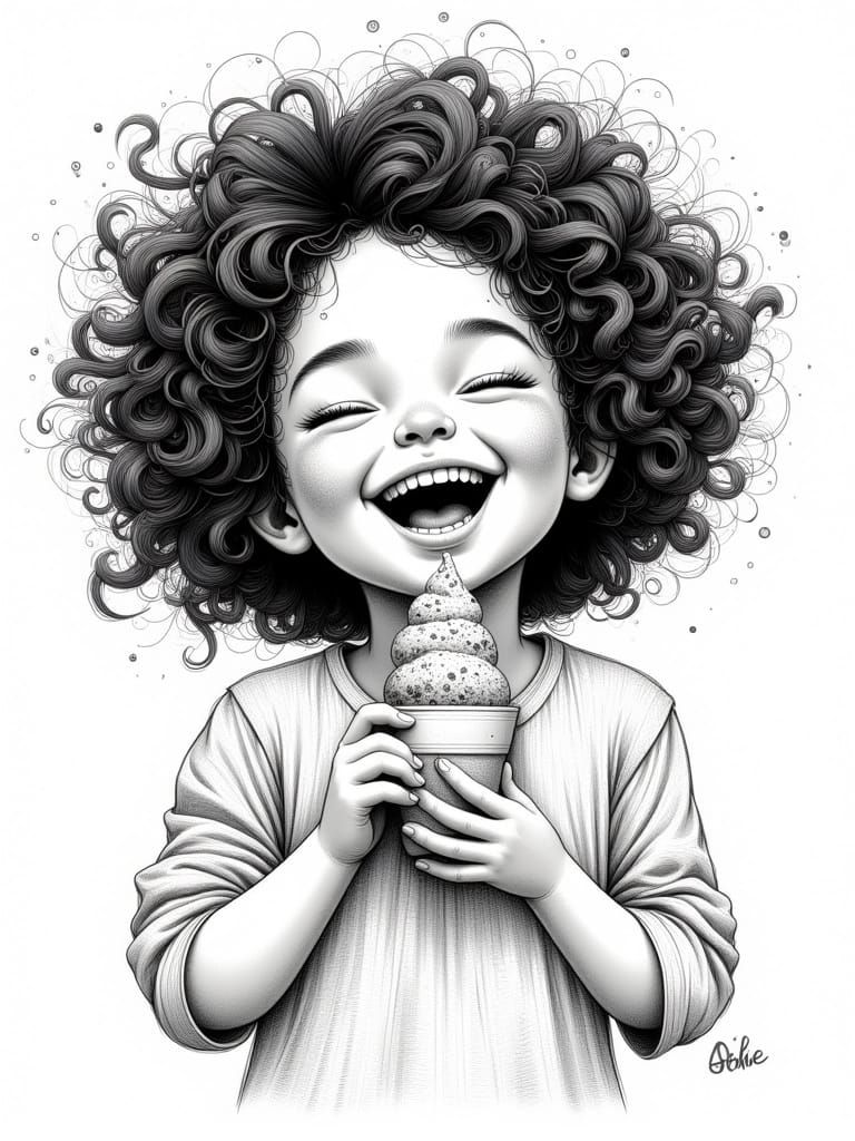 Girl Eating Ice Cream in Mechanical Drafting Style
