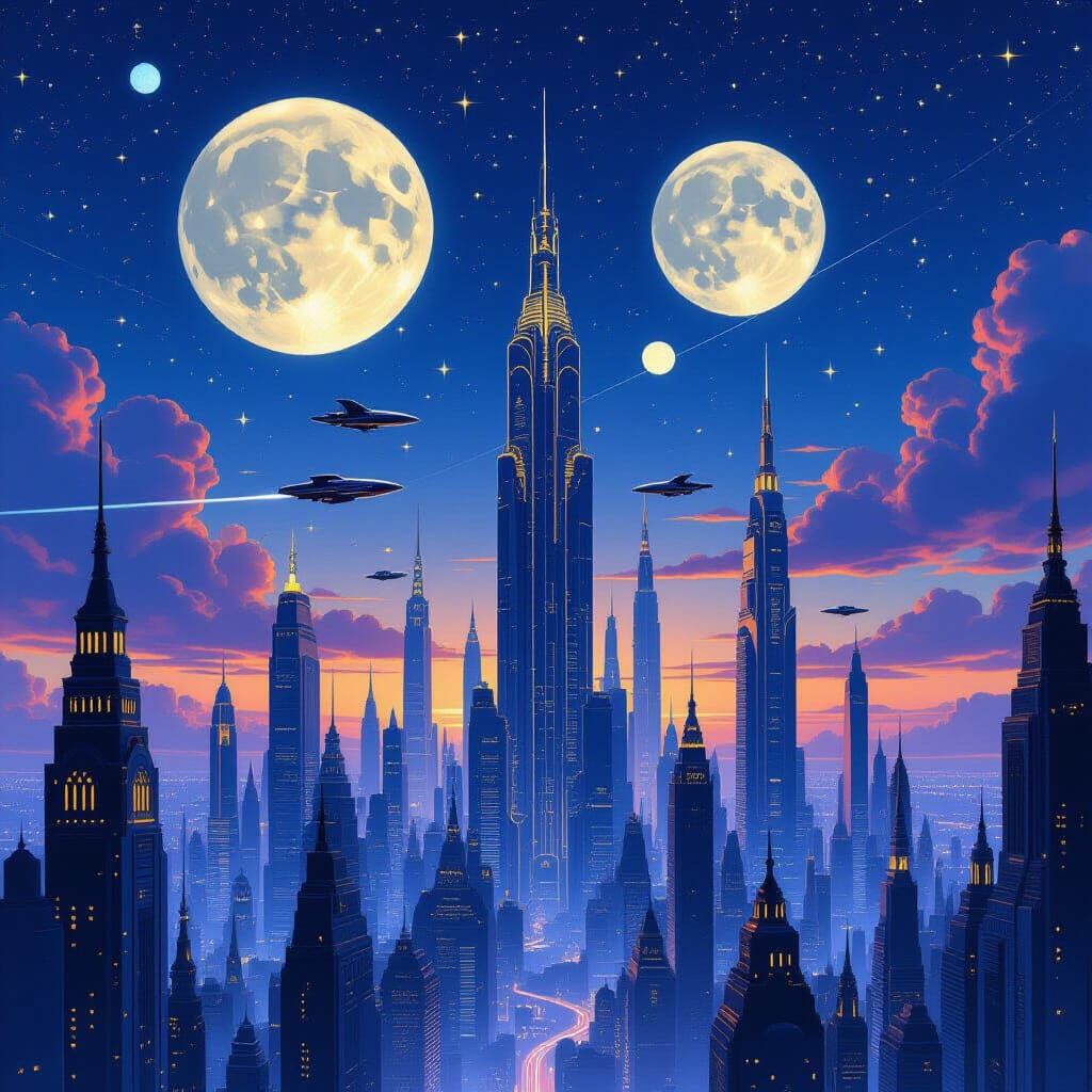 Celestial Art Deco Cityscape with Twin Moons