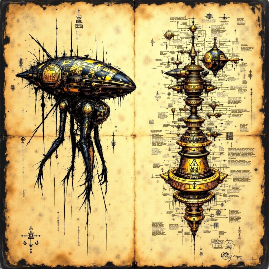 Detailed Schematic of Ancient Steampunk Alien Device