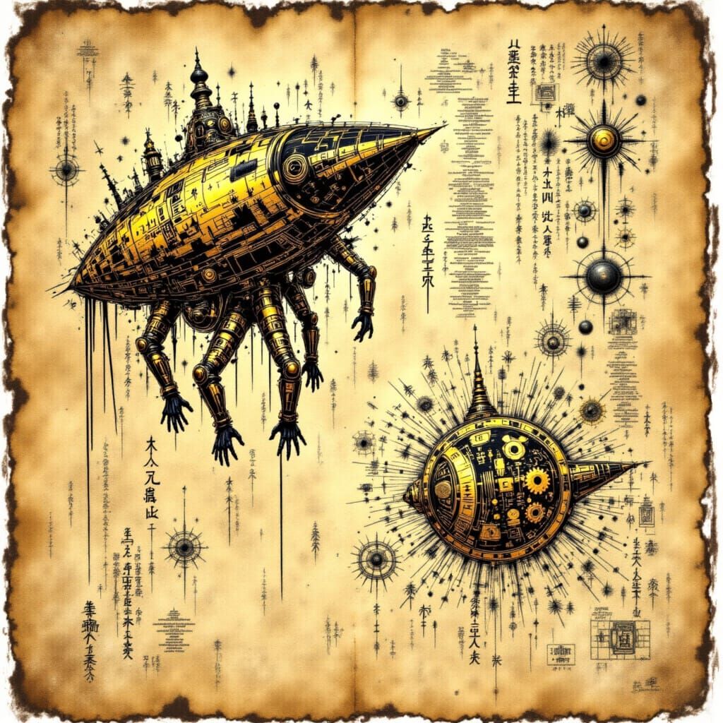 Steampunk Alien Artifact Schematic on Parchment