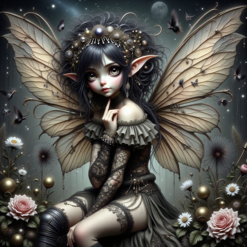 "filigree Enchantment with Gilded glass wings frozen in time...