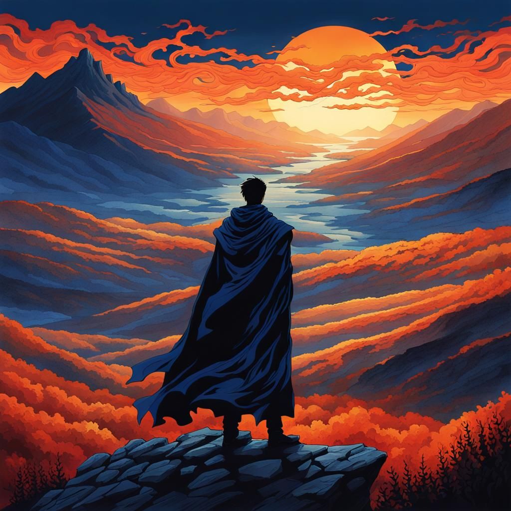 Silhouette on Windswept Cliff in Fantasy Realism