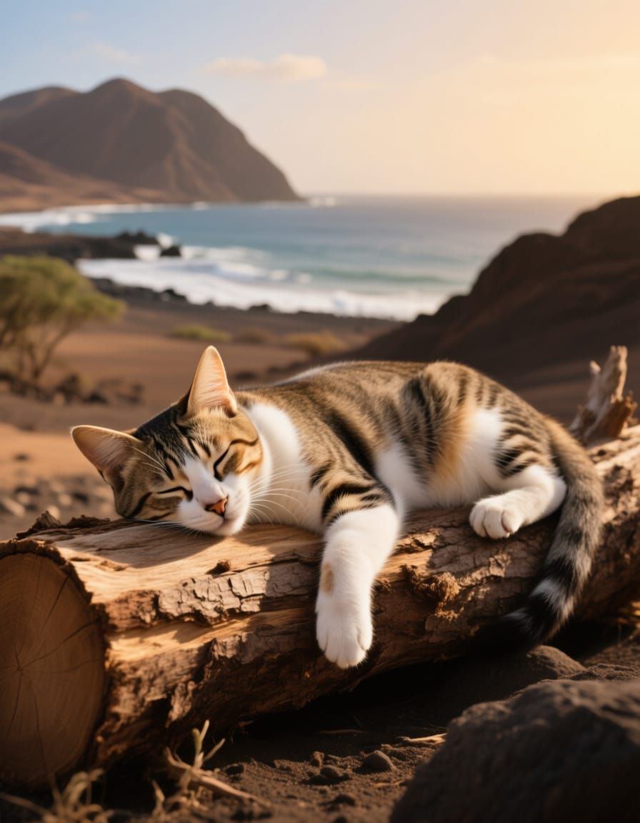 Photorealistic Cat Napping on Log in Cabo Verde