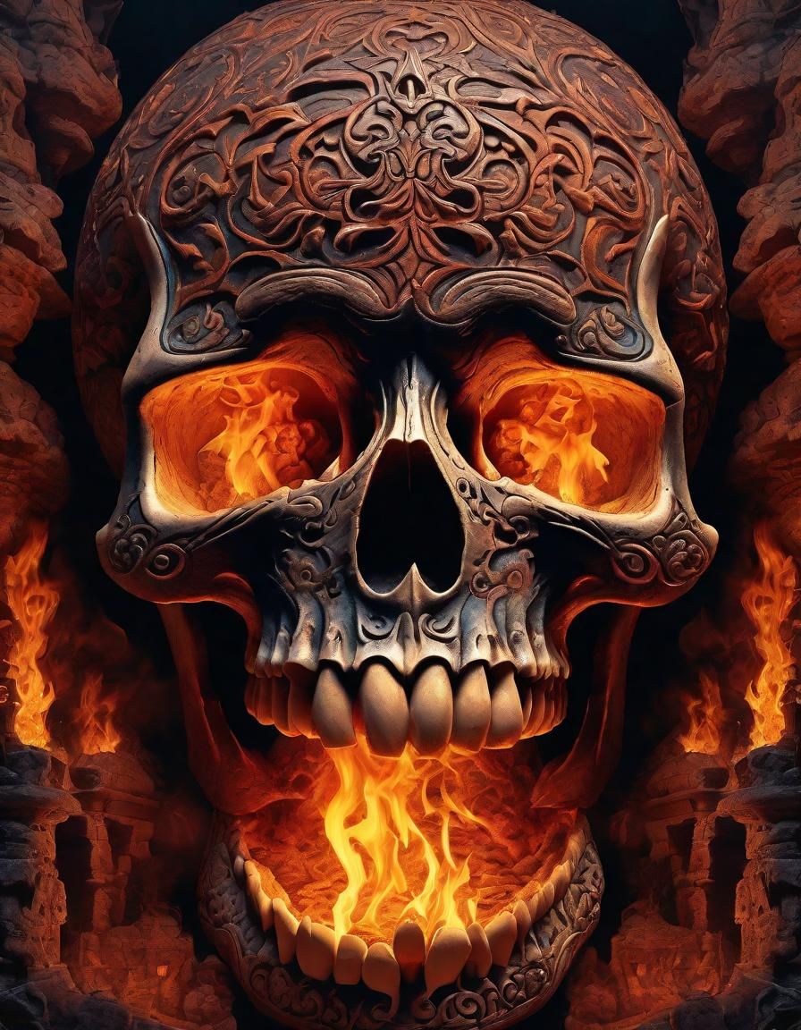 Carved Skull Emerging from Fiery Furnace