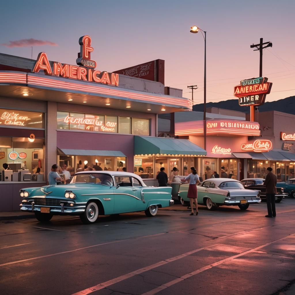 Retro American Diner Scene in Vintage Illustration Style